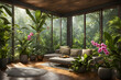 Modern living room with tropical style garden background. Beautiful view and big window.
