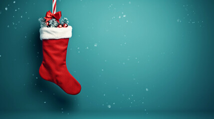 christmas sock on a green snowy background