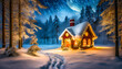 Snowy forest scene with animal tracks in the snow and an illuminated toy house