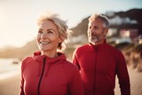 Fototapeta  - Adult Caucasian couple in sportswear jogging along a picturesque seashore. Cheerful mature athletic man and woman smiling while running in a beautiful fresh morning. Active lifestyle for all ages.