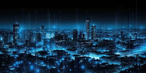 Wall Mural - Digital networked cityscape. Futuristic skyscrapers and modern technology. Future urban architecture. Tech driven city skyline and innovations. Cybernetic
