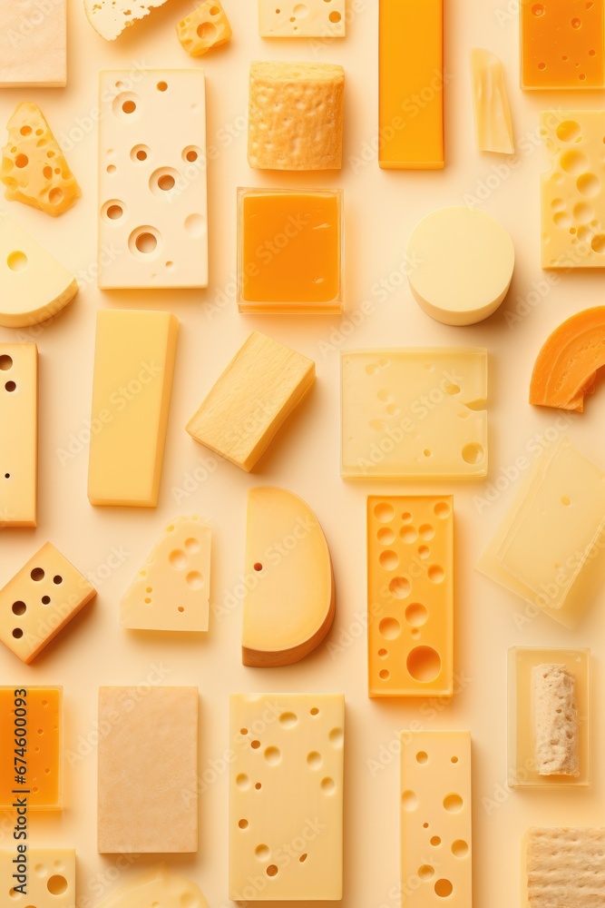 Pattern of assortment cheeses on yellow background. Different kinds of ...