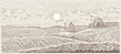 Rural, morning landscape with a farm. Illustration in engraving style.