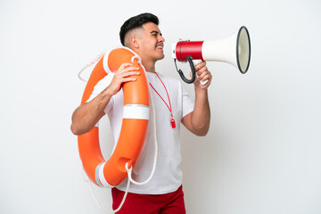 Poster - Young handsome man isolated on white background with lifeguard equipment and shouting through a megaphone