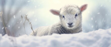 A Sheep In Snow Christmas Blur Background Copy Space