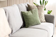 © Pixel-Shot - Grey sofa with cushions in living room, closeup