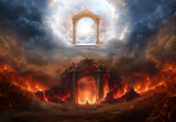 Fototapeta  - Heaven, a place of paradise on the top and a place of fiery hell at the bottom. Heaven and Hell religious conceptual theme.