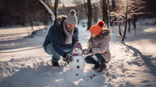 Child Makes A Snowman In Winter, Childhood, White Snow, Kid, Toddler, Childhood, Outdoor Fun, New Year, Holidays, Christmas, Family, Walk In The Park, Parents, Together, Happy, Smile, Love, Dad, Joy