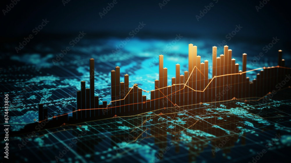 Financial chart with moving up arrow graph and world map background ...