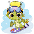 Cartoon Dragon on a snowboard on a blue background