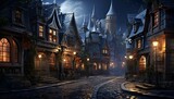 Fairy tale castle in the night. Panoramic view.
