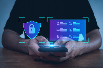 Wall Mural - Firewall. businessman using mobile smartphone with virtual digital firewall diagram, digital online, cyber security, internet connection, system protect data, network security technology concept