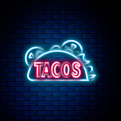 Wall Mural - Glowing neon line Taco with tortilla icon isolated on brick wall background. Traditional mexican fast food. Colorful outline concept. Vector