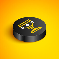 Sticker - Isometric line Christian chalice icon isolated on yellow background. Christianity icon. Happy Easter. Black circle button. Vector