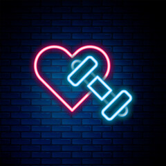 Wall Mural - Glowing neon line Dumbbell with heart icon isolated on brick wall background. Muscle lifting, fitness barbell, sports equipment. Colorful outline concept. Vector