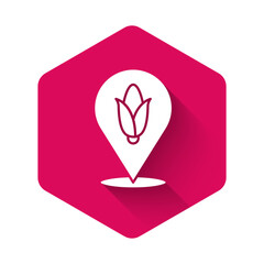 Sticker - White Location corn icon isolated with long shadow. Pink hexagon button. Vector