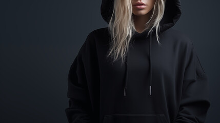 Wall Mural - Young beautiful girl in a black hoodie posing. Warm oversized hoodie with an hood. Stylish trendy hipster bow. Trying on clothes in a store. Youth subculture. Fashion clothing. Generated AI