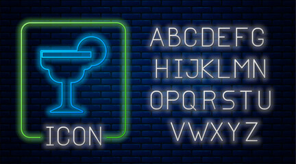 Wall Mural - Glowing neon Margarita cocktail glass with lime icon isolated on brick wall background. Neon light alphabet. Vector