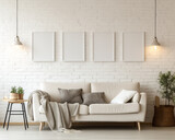 Fototapeta  - Set of 4 frame mock-ups, 4 white hollow stylish frame mock-ups on the wall in the living room, 3d render, for wall art