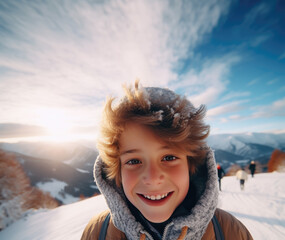 A cute young boy in a wintery outdoors scene, generative ai. 