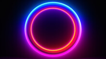 3d Render, Blue Pink Yellow Neon Glow Round Frame, Circle, Ring Shape, Empty Space, Ultraviolet Light, 80's Retro Style, Fashion Show Stage, Glowing Abstract Background. Generative AI.