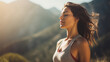 A European Woman meditates with mountains view. Girl with closed eyes try to relax. Wears sport suit. Yoga and fitness concept. Sunset or sunrise time. Ai generative.