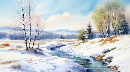 Watercolor landscape, snowy landscape on a sunny day.