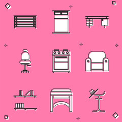 Poster - Set Chest of drawers, Big bed, Office desk, chair, Oven, Armchair, Shelf with books and Chair icon. Vector