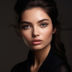 Fashion portrait closeup of a beautiful woman, with natural makeup and wavy hair. Style, fashion, beauty