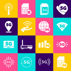 Canvas Print - Set 5G Sim Card, network, Location, Antenna and icon. Vector