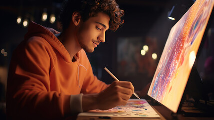 Wall Mural - Inspired artist. Talented young man looking at the canvas while creating a masterpiece.