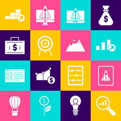 Sticker - Set Magnifying glass and analysis, Startup project concept, Financial growth, Target, Briefcase money, and Mountains with flag icon. Vector