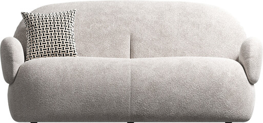 Front view of boucle white sofa with cushions