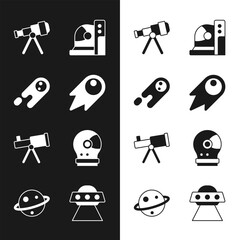 Canvas Print - Set Comet falling down fast, Telescope, Astronaut helmet, UFO flying spaceship and Planet Saturn icon. Vector