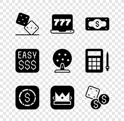 Sticker - Set Game dice, Laptop and slot machine, Stacks paper money cash, Coin with dollar, King playing card, Money prize casino and Lottery icon. Vector