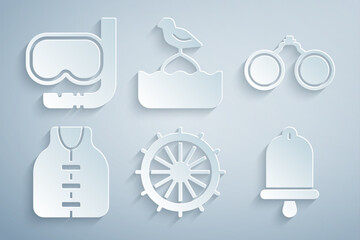 Canvas Print - Set Ship steering wheel, Binoculars, Life jacket, bell, Seagull sits on buoy and Diving mask and snorkel icon. Vector