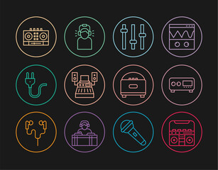 Sticker - Set line Home stereo with speakers, Guitar amplifier, Music equalizer, recording studio, Electric plug, DJ remote and mixing music, Stereo and Man headphones icon. Vector