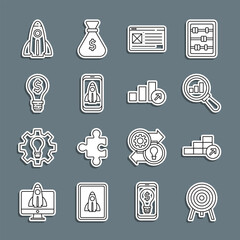 Sticker - Set line Target, Financial growth, Magnifying glass and analysis, Browser window, Startup project concept, Light bulb with dollar, and icon. Vector