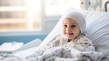 Portrait of the girl patient after chemotherapy girl fighting cancer wearing head scarf Childhood cancer awareness