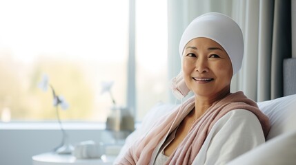 Portrait of the patient woman after chemotherapy female cancer patient wearing head scarf 