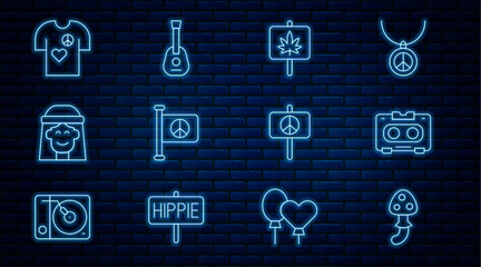 Wall Mural - Set line Psilocybin mushroom, Retro audio cassette tape, Marijuana, Flag peace, Hippie girl, Peace t-shirt print stamp, and Guitar icon. Vector