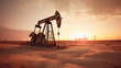 © ImageFlow - Crude oil production. Black gold drilling derrick, desert oilfield on sunset. Dramatic lighting. Petroleum production. Commodities price rising. Ai generative.