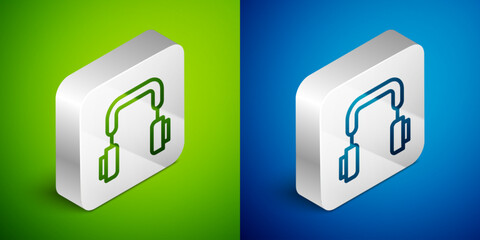 Poster - Isometric line Headphones icon isolated on green and blue background. Earphones. Concept for listening to music, service, communication and operator. Silver square button. Vector