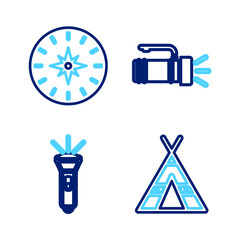 Poster - Set line Tourist tent, Flashlight, and Compass icon. Vector