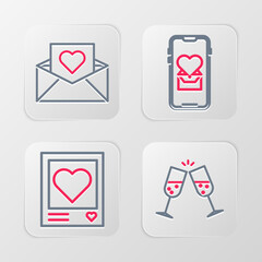 Sticker - Set line Glass of champagne, Photo frames and hearts, Mobile with and Envelope Valentine icon. Vector