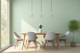 Fototapeta Przestrzenne - Modern Dining Room in Scandinavian Style - Pastel Green Wall and Wooden Furniture