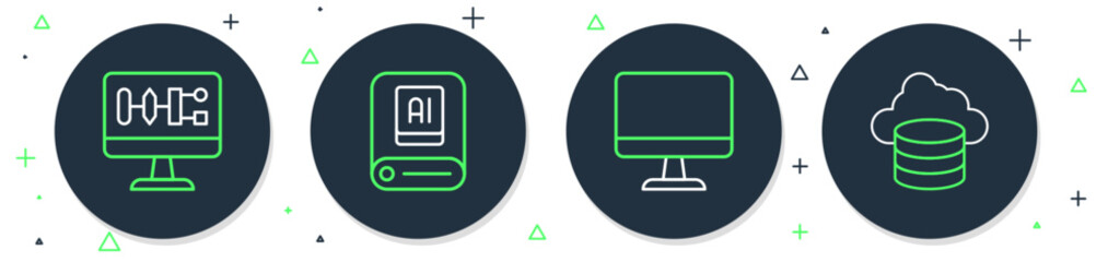 Sticker - Set line Artificial intelligence AI, Computer monitor, Algorithm and Cloud database icon. Vector