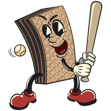 Vintage Chocolate Wafer Character Mascot With Funny Face Playing Baseball As A Hitter Ready To Hit The Ball With A Bat, Isolated Cartoon Vector Illustration. Emoticon, Cute Vintage Wafer Mascot