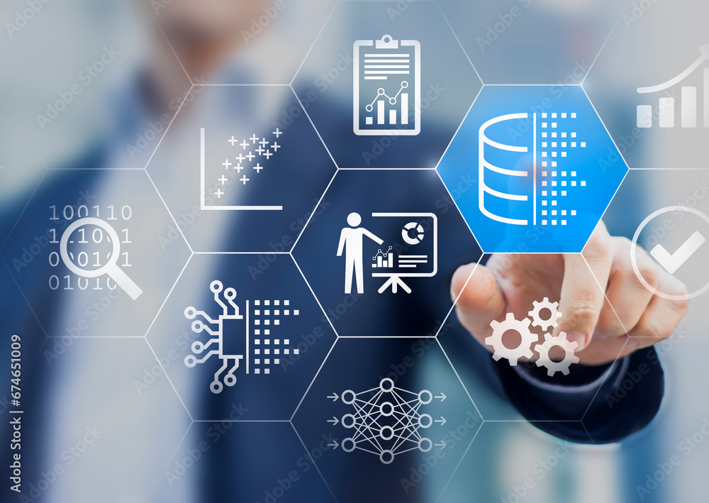 Data analytics, big data and AI concept. Person touching icons about database, data engineering, computing, analyzing, machine learning, neural network, artificial intelligence. Process automation.