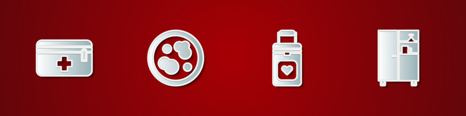 Wall Mural - Set First aid kit, Petri dish with bacteria, Organ container and Medicine cabinet icon. Vector